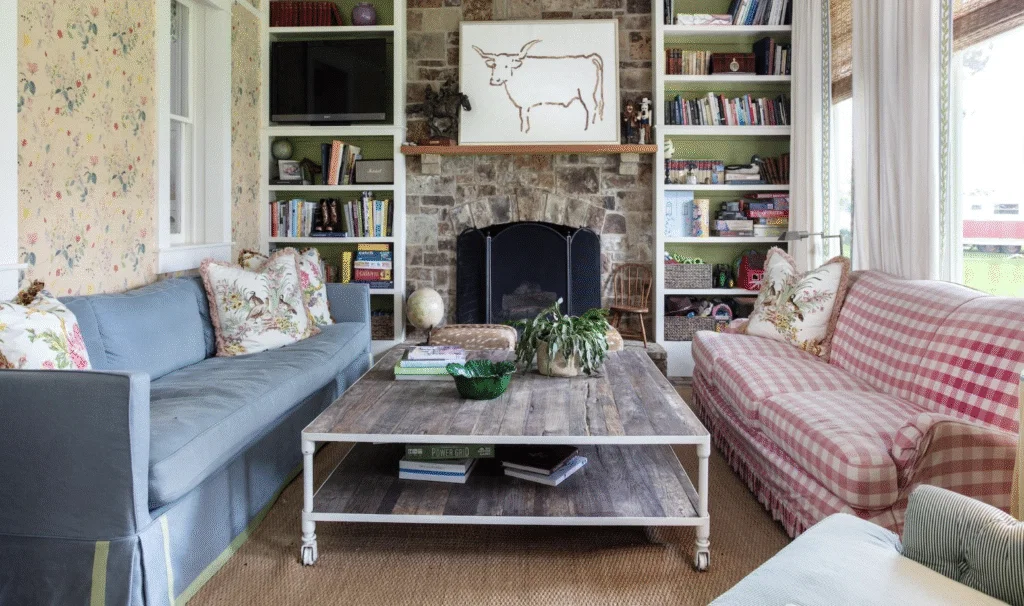 The cozy living room in the guest house focuses on a wood-burning fireplace. (Photo by Kerry Kirk Photography)